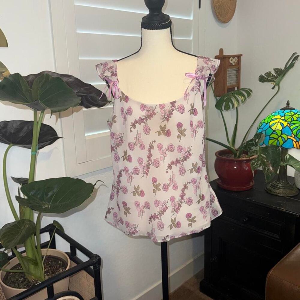 Vintage Y2K Ann Taylor LOFT Pink Floral Coquette Bow Tank Top Petite XL